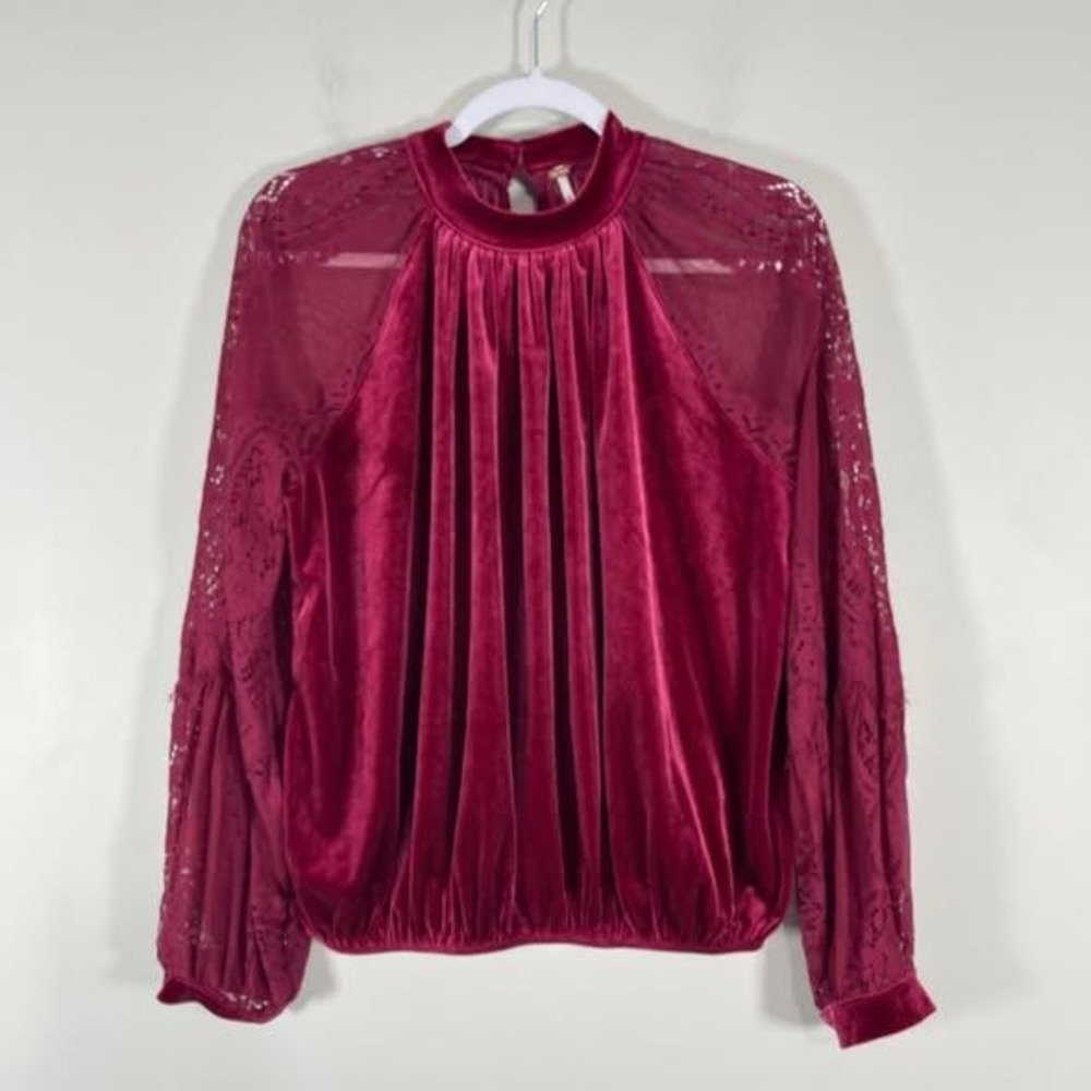 Free People Dream Team Velvet Blouse Wms Medium Raspberry Lace Boho Whimsigoth